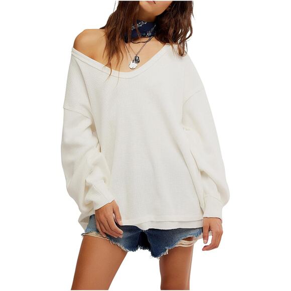 Free People Sweaters - Free People Women Ivory Thermal Cotton Blend Coast 2 Coast Oversize Top Size M